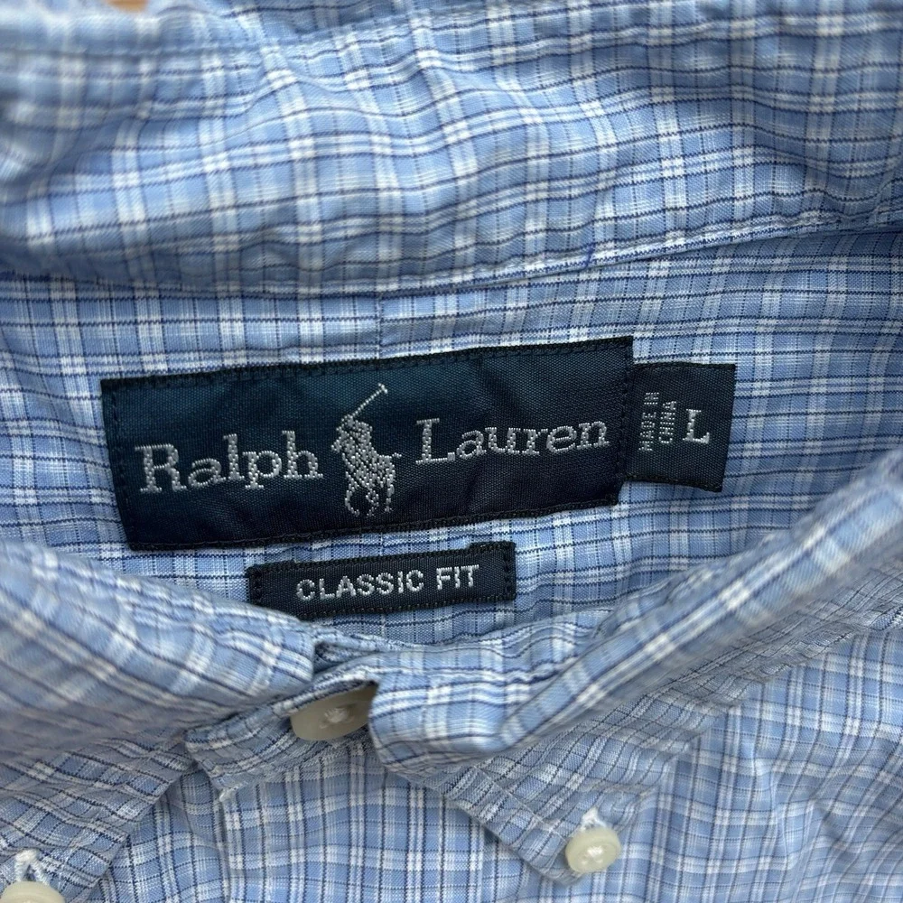 Mens Ralph Lauren Button Down Dress Shirt Blue‎ Checkered Horse Polo Logo Sz L